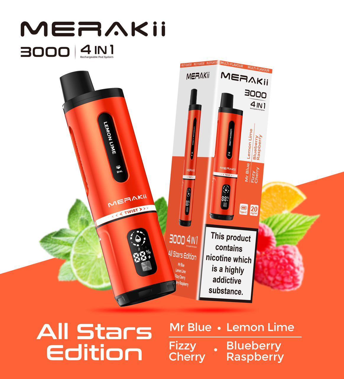 4 in 1 Merakii 3000 Disposable Vape Box of 5 - Vape Wholesale Mcr